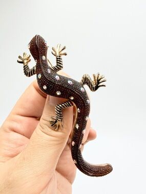 Vintage Style Rhinestone Lizard Brooch – Brown & Gold Tone Pin
